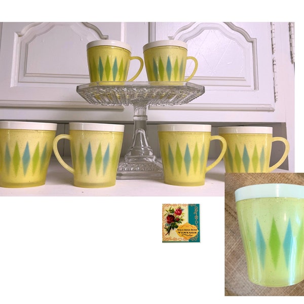 Vintage Atomic Mugs 1950’s Sparkle Drinking Cups Retro Insulated Kitchen Mugs Green & Blue Diamond Set of 6