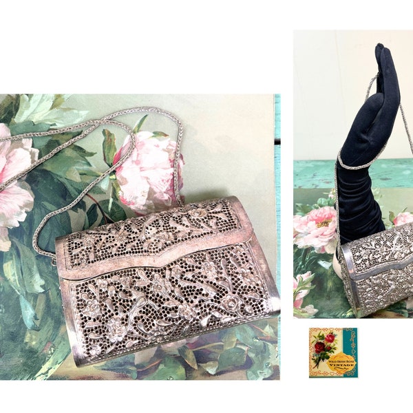 Antique Filigree Silver Plated Evening Purse Edwardian Silver Plated Box Purse Flowers & Birds