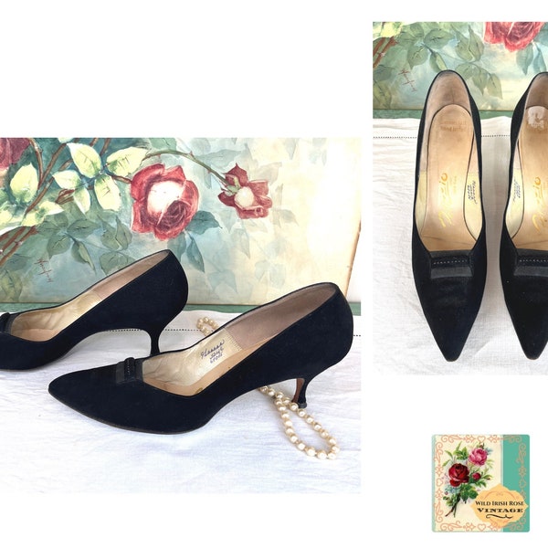 Vintage 1950’s Velvet Pumps Vintage 1950's Kitten Heel Pumps Retro 50's 60's Black Velvet Pumps