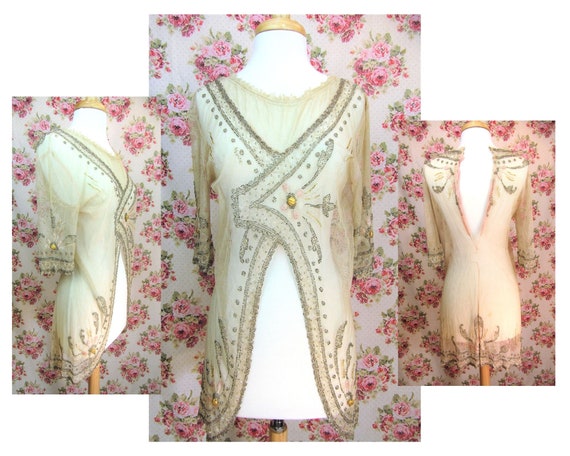 Antique Edwardian Beaded Net Evening Tunic Size Ex
