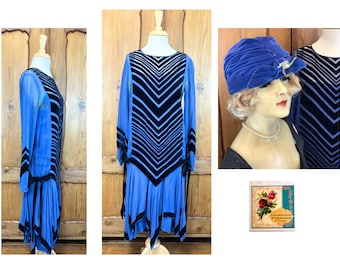 1920’s Dress Antique 1920’s Velvet Stripe Chiffon Dropwaist Dress