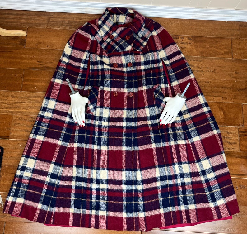 Vintage Plaid Wool Cape Women's Plaid Wool Cape Plaid Wool Cloak image 3