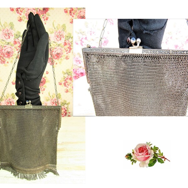 Antique 1910's Jeweled Mesh Bag 1910s Great Gatsby Silver Mesh Handbag By Whiting & Davis Antique Edwardian Chain Mesh Bag
