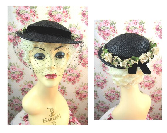 Vintage 1930s 30s Flowered Straw hat Fits All Vin