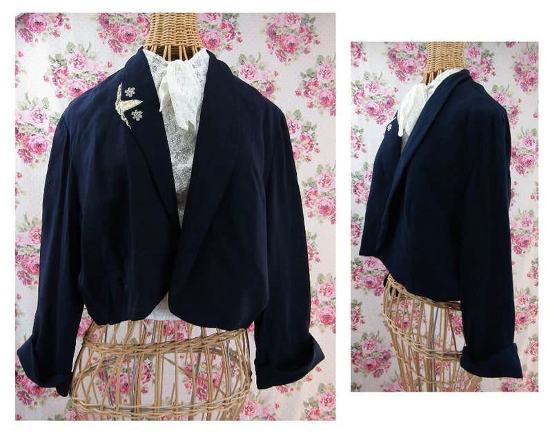 1940s Blazer Size 10 US Vintage 40s Jacket Navy Blue with Rhinestones
