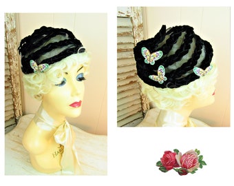 Vintage 1930s Hat Fits 22" Head Vintage Cloche Hat Art Deco Hat  Butterfly Hat