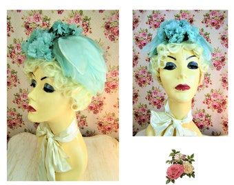 Vintage Flowered Hat Pale Blue Floral Hat Vintage Midcentury Petal Hat Vintage Bridesmaids Hat