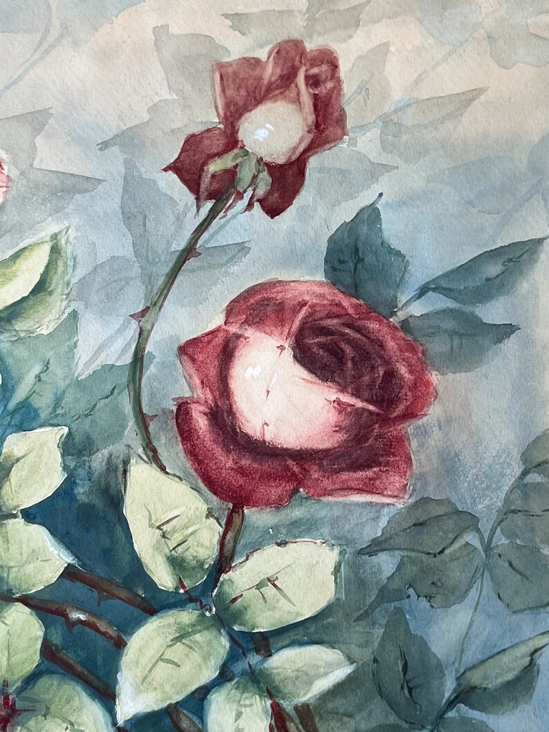 Vintage Watercolor Painting of Roses by Woodrow on Board 29 wide image 6