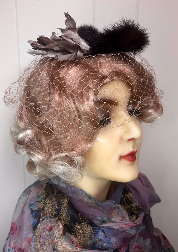 Vintage Fascinator 1950's Fur Veil Headpiece Fits… - image 4