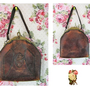 Antique Leather Bag Handbag Edwardian Handbag 1900’s Tooled Leather Ladies Handbag with Floral Design