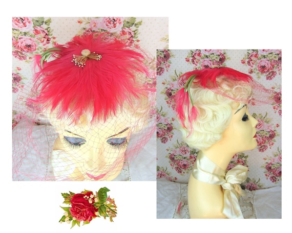 Vintage Feathered Hat Pink Feathered Hairpiece Vi… - image 1