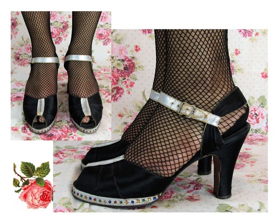 Vintage 1940's Jeweled Satin & Silver Heels Size 7