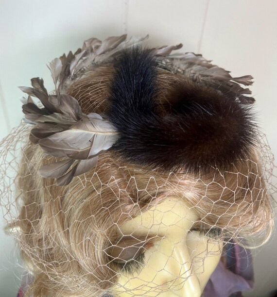 Vintage Fascinator 1950's Fur Veil Headpiece Fits… - image 3