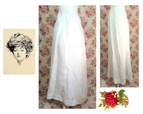 Antique Edwardian Skirt 1910's White Linen Maxi S… - image 1