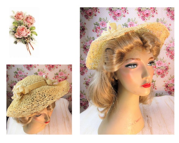 1930s Straw Hat Vintage 1930s Straw Hat with Fabri