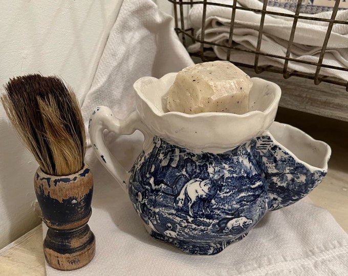 Antique Shaving Cup and Brush Antique English Shaving Kit Blue & White