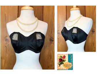 1950s Sheer Black Satin and Lace Wireless Bullet Bra