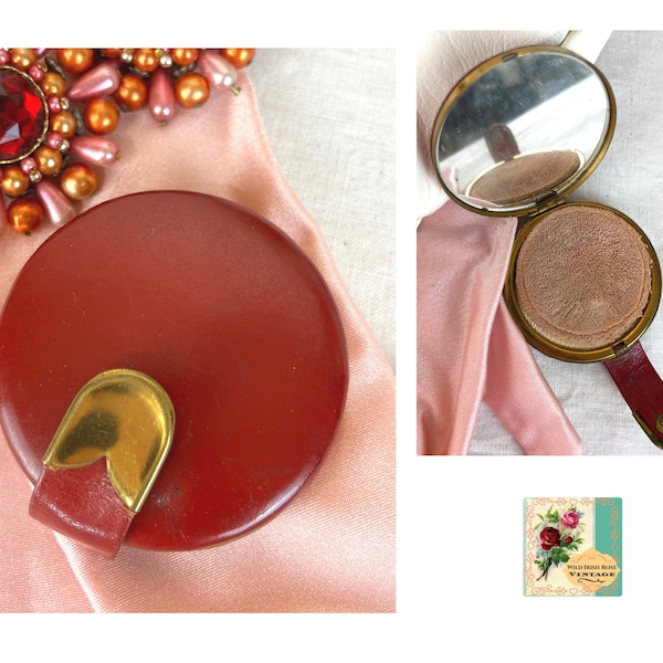 Vintage Red Leather Powder Compact 1930s Red Leather & Brass Mirrored Compact by Dorset Fifth Avenue