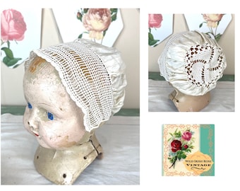 Antique Silk Baby Bonnet Size 3-6 mos Shabby Chic Baby Bonnet Antique Crocheted Infant Bonnet