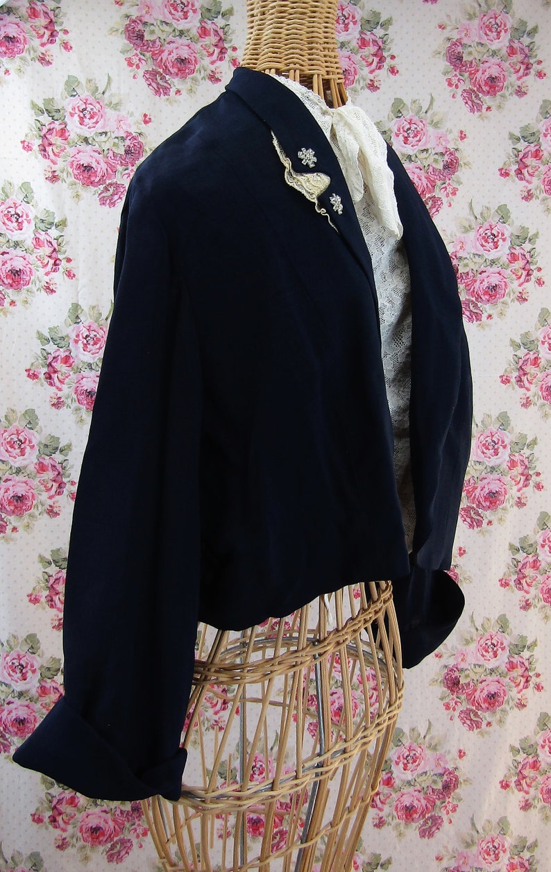 1940s Blazer Size 10 US Vintage 40s Jacket Navy Blue with Rhinestones