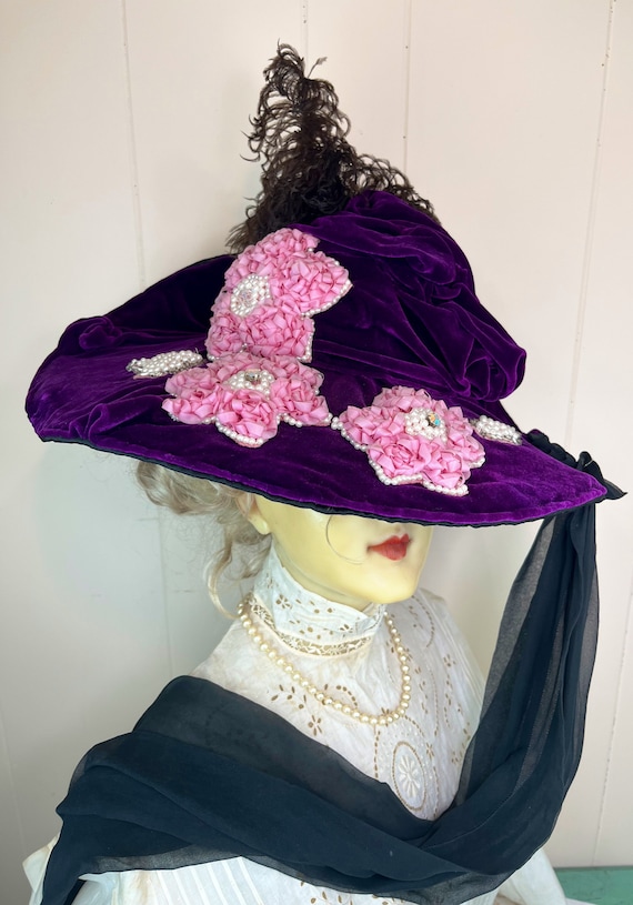 Antique Edwardian Velvet Hat Stunning Royal Purple Ve… - Gem