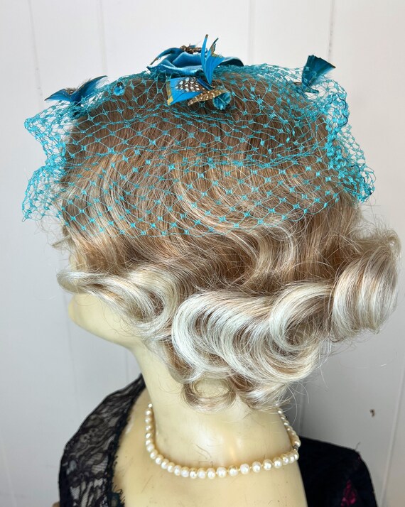 Vintage Veil Fascinator 1950's Turquoise Feathere… - image 5