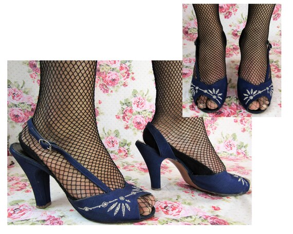 Vintage 50s Slingbacks Size 8 Blue Faille 1950s Be