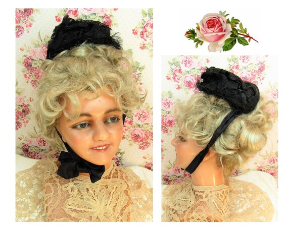 Antique Victorian 1860s Black Lace Chapeau Bonnet… - image 1