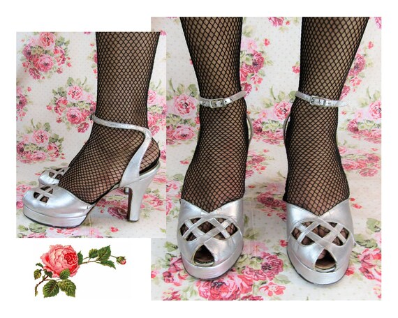 1940's Silver Platform Heels Size 8N Vintage 40s S