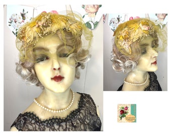 Vintage Floral Fascinator 1950's Millinery Flowered Headpiece Floral Curvette with Pearls & Veil in Gold Yellow