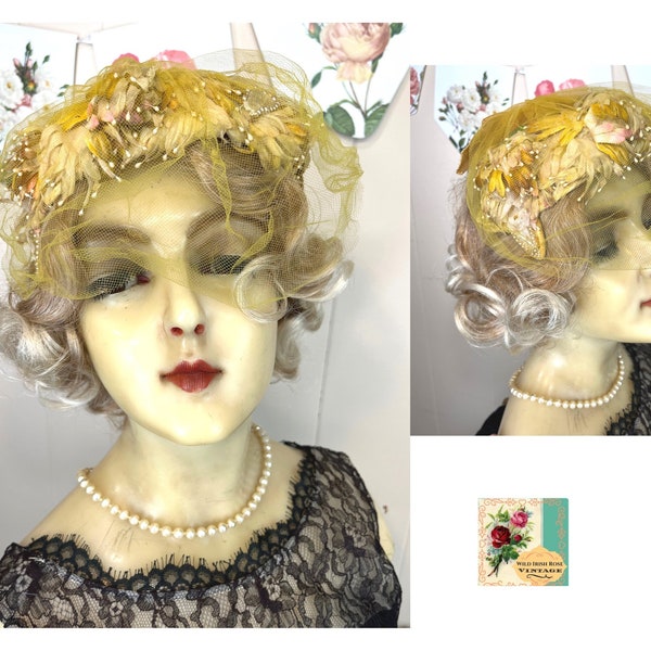 Vintage Floral Fascinator 1950's Millinery Flowered Headpiece Floral Curvette with Pearls & Veil in Gold Yellow