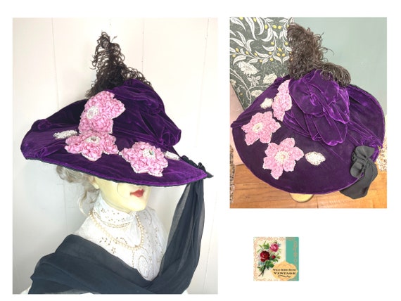 Antique Edwardian Velvet Hat Stunning Royal Purple Ve… - Gem