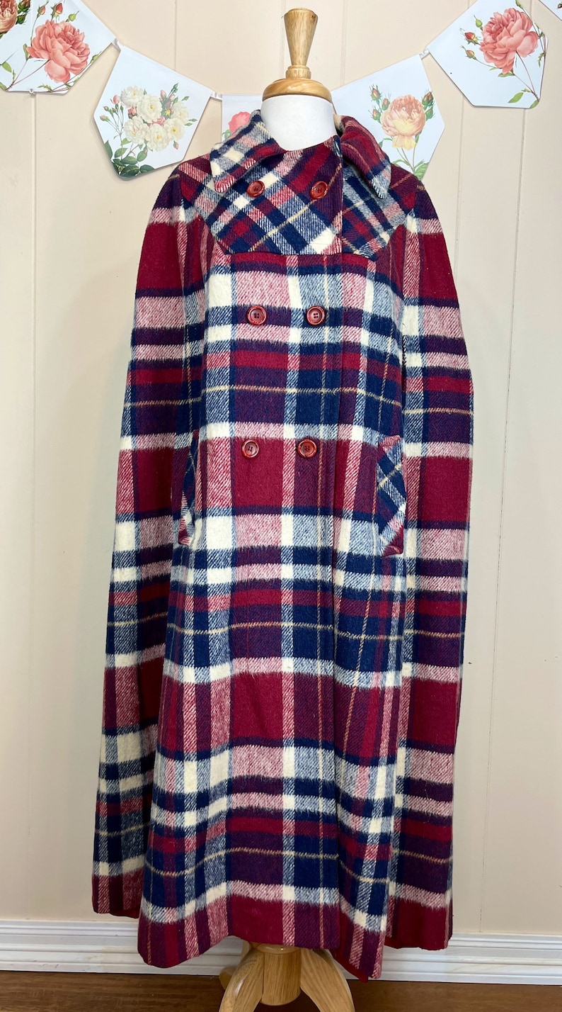 Vintage Plaid Wool Cape Women's Plaid Wool Cape Plaid Wool Cloak image 2