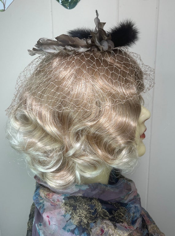 Vintage Fascinator 1950's Fur Veil Headpiece Fits… - image 5