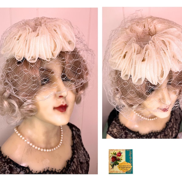 Vintage 1950’s Fascinator Midcentury Hat Buttercream Organza with Cream Net Veil