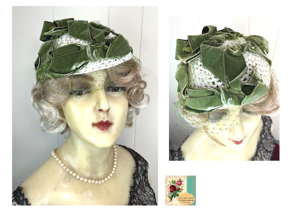 Vintage Velvet Bow Hat Vintage Green Bow Hat with… - image 1