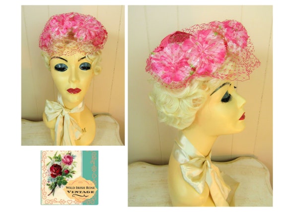 Exuberant Mid Century Floral Hat Candy Pink & White Vintage Floral Hat Vintage Flowered Hat Candy Pink Flowered  main image 4