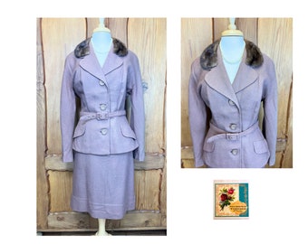 Vintage Wool Suit 1950’s Tweed Dress Suit with Mink Collar Vintage Ladies Suit