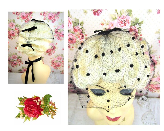 Vintage 50s Hair Net 1950's Black & Velvet Hair Bo
