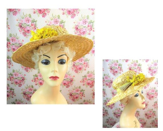 Vintage 1940's Flowered Straw Hat Size Small 19.5
