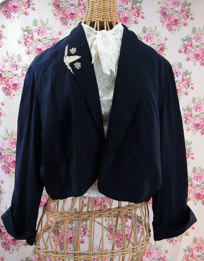 1940s Blazer Size 10 US Vintage 40s Jacket Navy Blue with Rhinestones