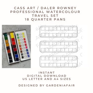 Swatch Card Template for Cass Art Daler Rowney Professional Travel Set (18 quarter pans) in A4 and Letter size. Instant Digital Download