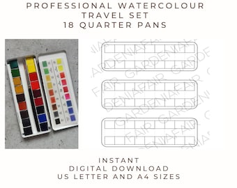 Swatch Card Template for Cass Art Daler Rowney Professional Travel Set (18 quarter pans) in A4 and Letter size. Instant Digital Download