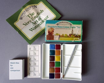 Boîte vintage pour esquisses aquarelle Winsor et Newton des années 1980, 12 couleurs + pinceau de voyage W&N en martre. Cadeau fête des mères. LIVRAISON GRATUITE