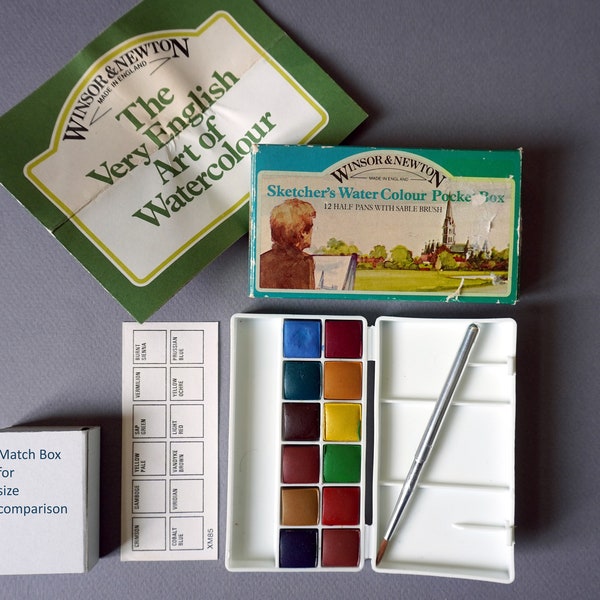 Vintage Winsor and Newton Watercolor Sketcher Box from 1980s 12 colours + W&N travel sable brush.  Mother's Day Gift. FREE SHIPPING