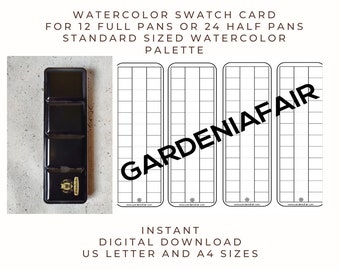 Watercolor Palette 24 half pan Swatch Card Template - DIGITAL FILE Instant download Printable Product