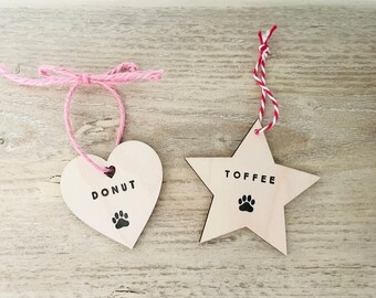 Personalised paw print ornament, wooden heart pet tag, paw print heart, dog keepsake gift, pet memorial star, cat treat jar label