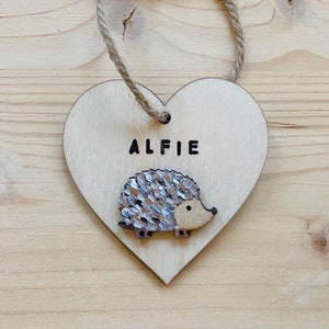 Personalised hedgehog heart tag, gift for hedgehog lovers, wooden hedgehog decoration, hedgehog Christmas ornament, memorial gift