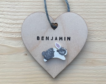 Custom rabbit ornament,  bunny heart decoration, personalised gift for rabbit lover, rabbit memorial gifts, hand painted bunny keepsake