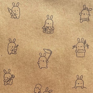 Papier cadeau lapin, emballage cadeau lapin kawaii estampé à la main, emballage cadeau écologique lapin mignon, emballage cadeau Kraft A4, fait main
